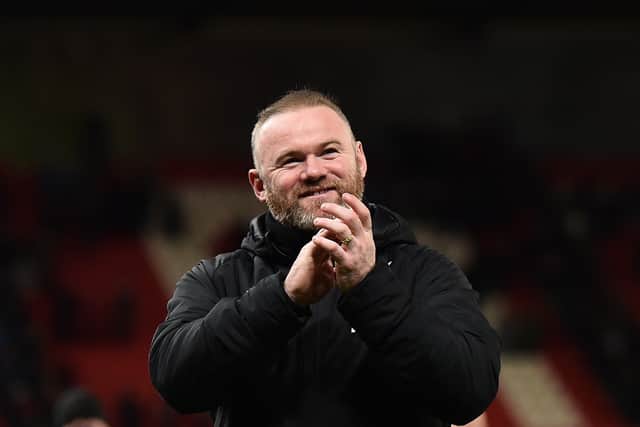 Derby manager Wayne Rooney celebrates. Picture: Nathan Stirk/Getty Images