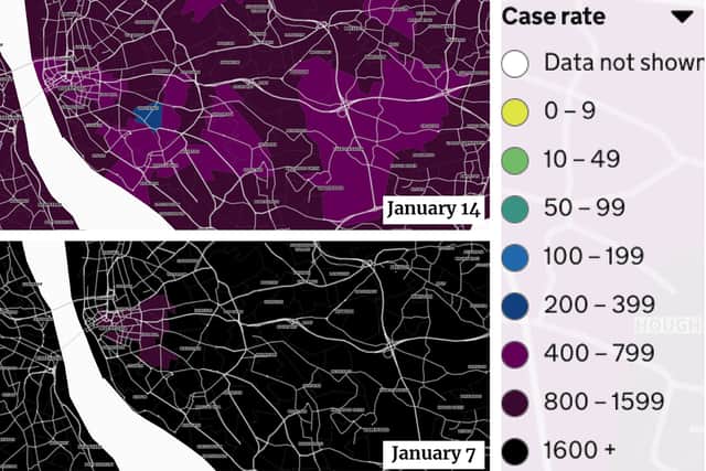 A map of COVID hotspots in Liverpool comparing data from 7 January to 14 January. Image: Gov.uk