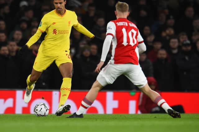 Joel Matip in action for Liverpool against Arsenal. Picture: Andrew Powell/Liverpool FC via Getty Images