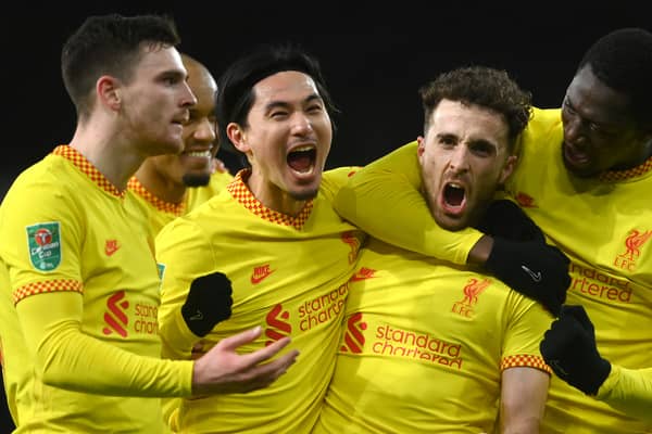 Liverpool celebrate Diogo Jota’s second goal against Arsenal. Picture: Mike Hewitt/Getty Images