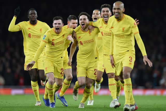Liverpool celebrate Diogo Jota’s second goal in their 2-0 win over Arsenal. Picture: John Powell/Liverpool FC via Getty Images