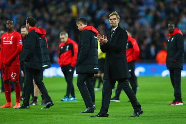 Jurgen Klopp dejected after Liverpool’s defeat to Manchester City in the League Cup final in 2016. Picture: Clive Brunskill/Getty Images