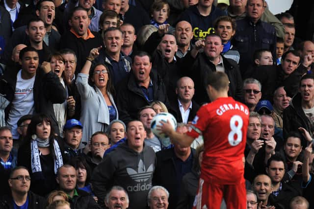 Everton fans shout at Steven Gerrard during his Liverpool playing days. Picture: Michael Regan/Getty Images