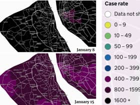 A map of COVID hotspots in Wirral comparing data from successive weeks in January. Image: Gov.uk