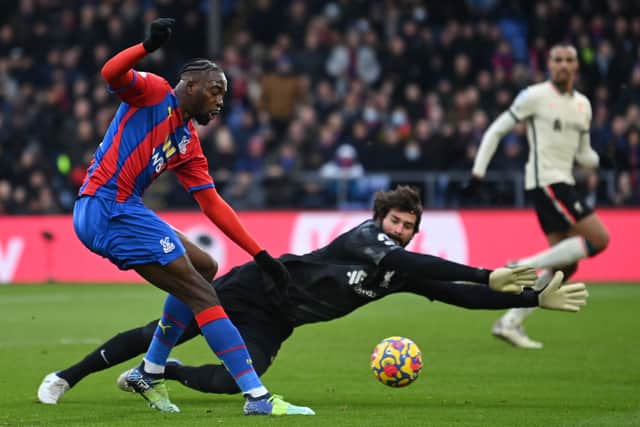 Crystal Palace’s Jean-Philippe Mateta fails to score past Liverpool’s Brazilian goalkeeper Alisson Becker. Photo: DANIEL LEAL/AFP via Getty Images