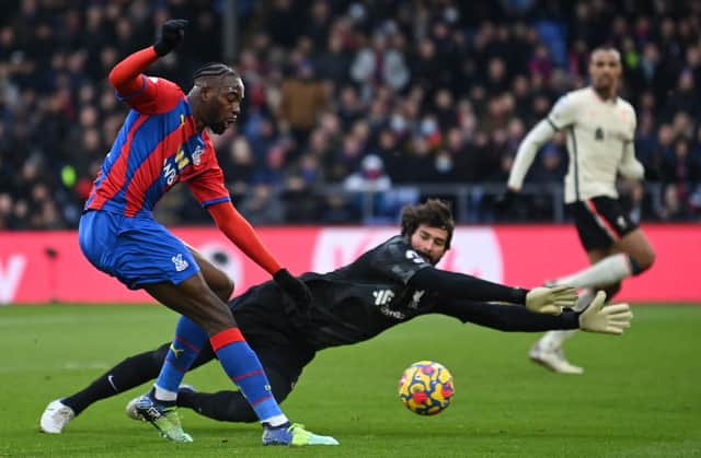 Crystal Palace’s Jean-Philippe Mateta fails to score past Liverpool’s Brazilian goalkeeper Alisson Becker. Photo: DANIEL LEAL/AFP via Getty Images