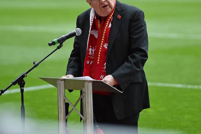 Phil Scraton speaks during the memorial service marking the 25th anniversary of the Hillsborough Disaster.