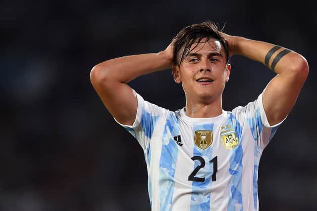 Paulo Dybala of Argentina reacts during a match between Argentina and Colombia as part of FIFA World Cup Qatar 2022 Qualifiers at Mario Alberto Kempes Stadium on February 01, 2022 in Cordoba, Argentina