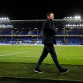 Frank Lampard, Manager of Chelsea looks on as players inspect the pitch prior to the Premier League match between Everton and Chelsea at Goodison Park on December 12, 2020 in Liverpool, England. A limited number of spectators (2000) are welcomed back to stadiums to watch elite football across England. This was following easing of restrictions on spectators in tiers one and two areas only