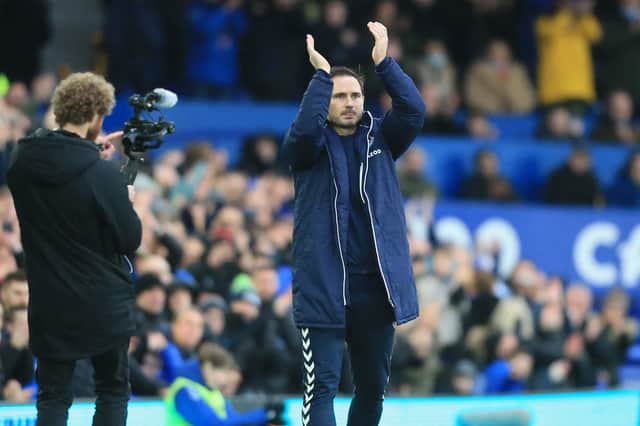 Frank Lampard applauds the Everton crowd. Picture: LINDSEY PARNABY/AFP via Getty Images)