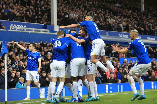 Everton celebrate Yerry Mina’s opening goal against Brentford. Picture: LINDSEY PARNABY/AFP via Getty Images)