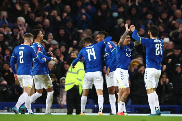 Everton celebrate Andros Townsend’s fourth goal in their defeat of Brentford. Picture: Clive Brunskill/Getty Images
