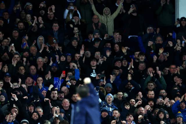 Everton fans celebrate their side’s victory with Frank Lampard. Picture: Clive Brunskill/Getty Images