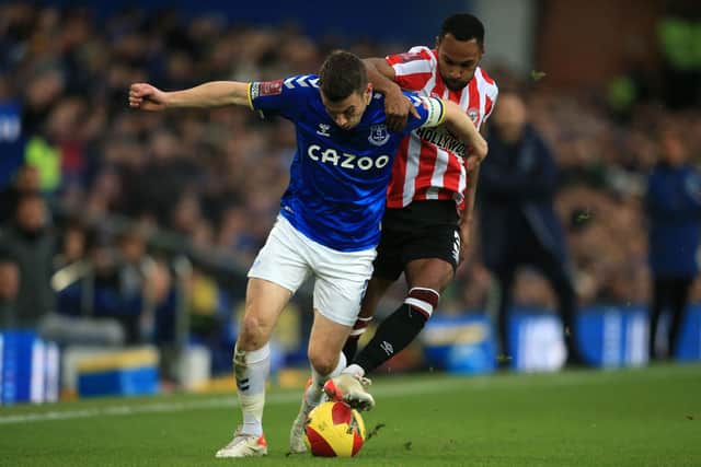 Seamus  Coleman battles for the ball during Everton’s defeat of Brentford. Picture: LINDSEY PARNABY/AFP via Getty Images