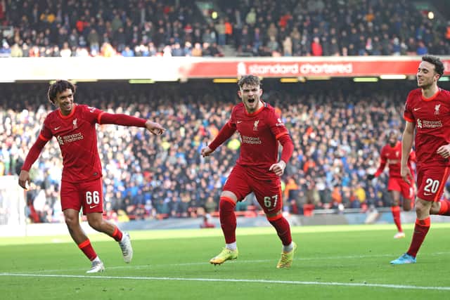 Harvey Elliott celebrates scoring for Liverpool. Picture: Clive Brunskill/Getty Images