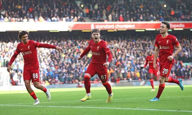 Harvey Elliott celebrates scoring for Liverpool. Picture: Clive Brunskill/Getty Images