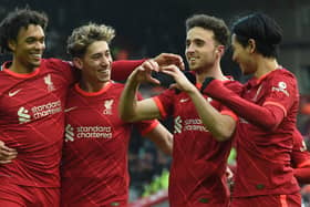  Diogo Jota of Liverpool celebrates after scoring the first goal  during the Emirates FA Cup Fourth Round match between Liverpool and Cardiff City. Picture: John Powell/Liverpool FC via Getty Images