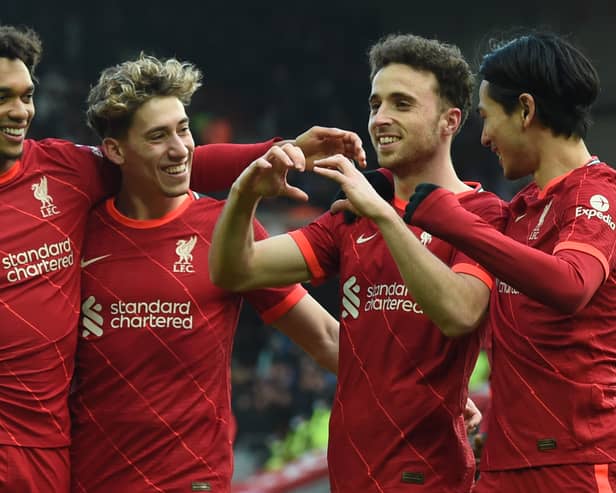  Diogo Jota of Liverpool celebrates after scoring the first goal  during the Emirates FA Cup Fourth Round match between Liverpool and Cardiff City. Picture: John Powell/Liverpool FC via Getty Images