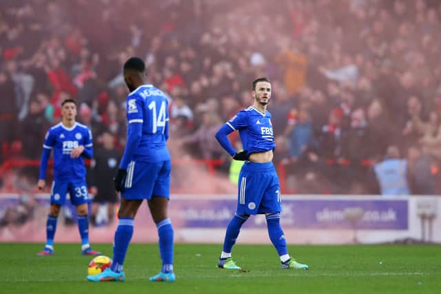 Leicester’s James Maddison dejected after his side concede against Nottingham Forest. Picture: Alex Livesey/Getty Images