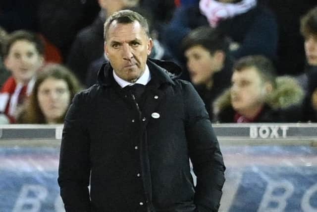 A frustrated Brendan Rodgers during Leicester’s loss to Nottingham Forest. Picture: JUSTIN TALLIS/AFP via Getty Images)