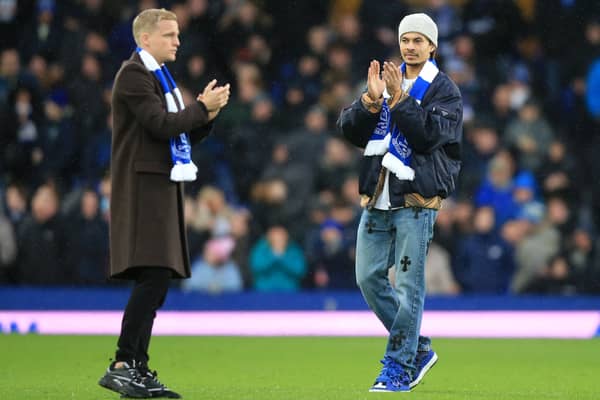 New Everton signings Donny van de Beek and Dele Alli on the Goodison Park pitch. Picture: LINDSEY PARNABY/AFP via Getty Images