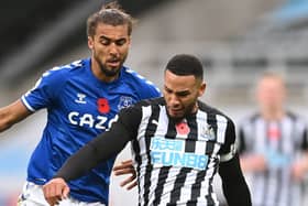 Dominic Calvert-Lewin and Jamaal Lascelles battle for the ball during Everton’s trip to Newcastle last season. Picture:  MICHAEL REGAN/POOL/AFP via Getty Images