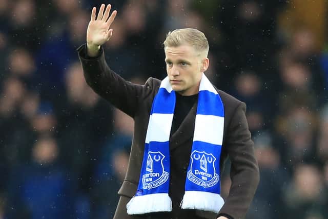 Donny van de Beek is introduced to the supporters at Goodison Park. Photo: LINDSEY PARNABY/AFP via Getty Images
