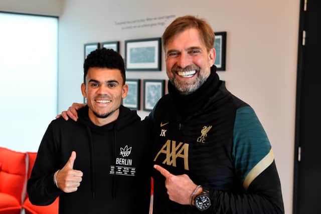 Luis Diaz poses with Jurgen Klopp after signing for Liverpool. Picture: Andrew Powell/Liverpool FC via Getty Images