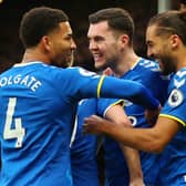 Everton celebrate Michael Keane’s goal against Leeds. Picture: Marc Atkins/Getty Images