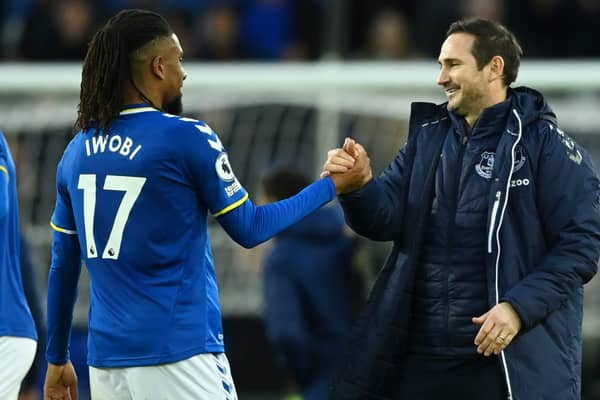 Alex Iwobi and Frank Lampard celebrate Everton’s victory over Leeds United. Picture: Gareth Copley/Getty Images
