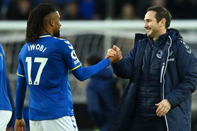 Alex Iwobi and Frank Lampard celebrate Everton’s victory over Leeds United. Picture: Gareth Copley/Getty Images