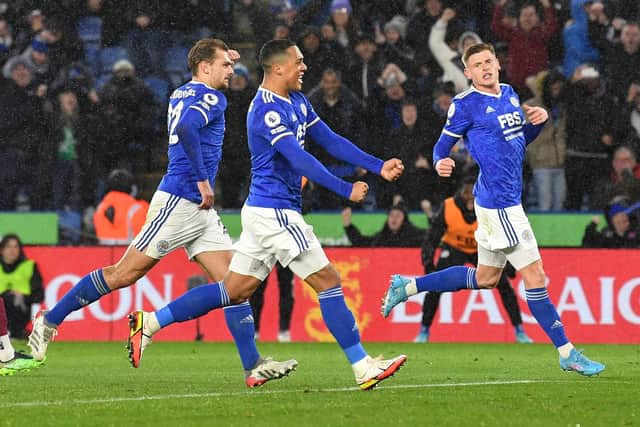 Youri Tielemans celebrates scoring for Leicester against West Ham. Picture: JUSTIN TALLIS/AFP via Getty Images