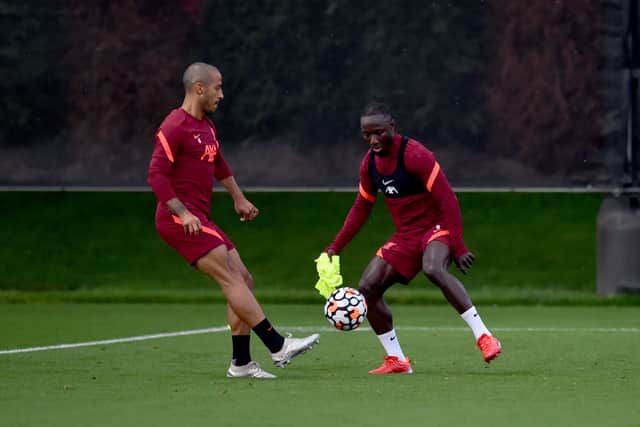 Thiago Alcantara and Naby Keita during Liverpool training. Picture: Andrew Powell/Liverpool FC via Getty Images