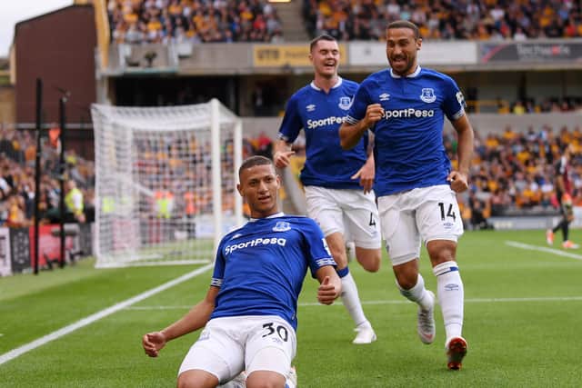 Richarlison celebrates scoring on his Everton debut against Wolves. Picture: Laurence Griffiths/Getty Images