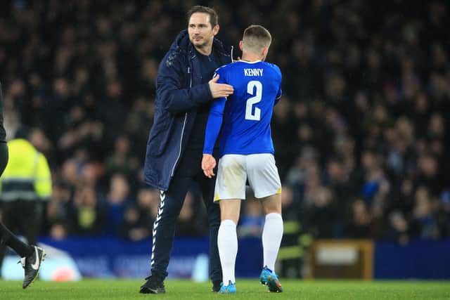 Jonjoe Kenny with Everton manager Frank Lampard. Picture: LINDSEY PARNABY/AFP via Getty Images