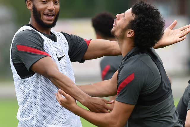 Joe Gomez, left, and Curtis Jones during Liverpool training. Picture: John Powell/Liverpool FC via Getty Images