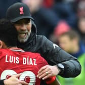 Liverpool boss Jurgen Klopp embraces Luis Diaz. Picture: Andrew Powell/Liverpool FC via Getty Images