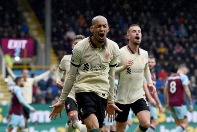 Fabinho celebrates after scoring the winning goal against Burnley.