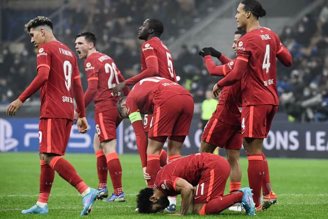 Mo Salah celebrates doubling Liverpool’s lead against Inter Milan. Picture: FILIPPO MONTEFORTE/AFP via Getty Images
