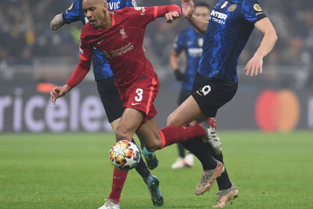 Fabinho battling through the pressure at the San Siro in Liverpool’s Champions League tie against Inter Milan.