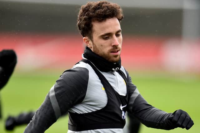 Diogo Jota during Liverpool training. Picture: Andrew Powell/Liverpool FC via Getty Images