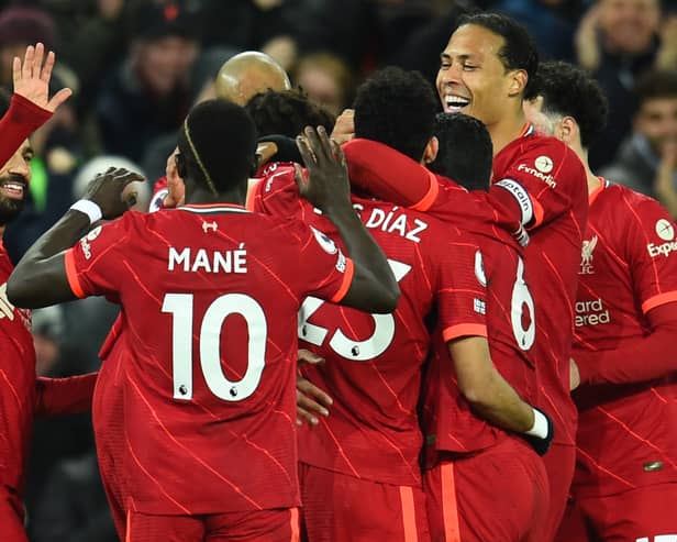 Liverpool celebrate during their victory over Leeds United. Picture: Andrew Powell/Liverpool FC via Getty Images