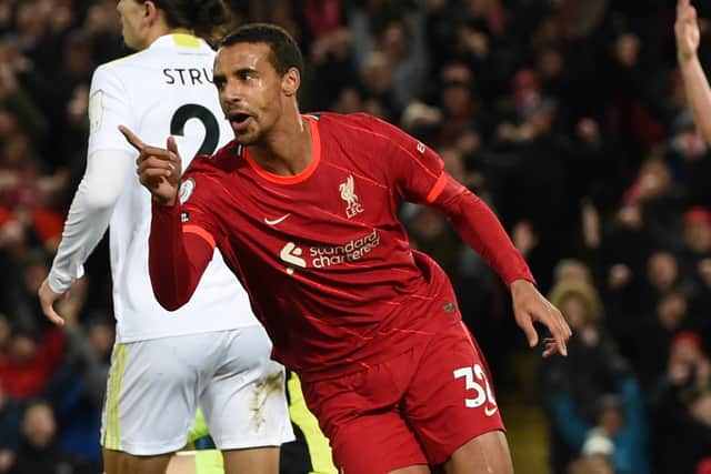 Joel Matip celebrates scoring for Liverpool against Leeds. Picture: John Powell/Liverpool FC via Getty Images