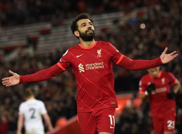 <p>Mo Salah celebrates scoring for Liverpool. Picture: John Powell/Liverpool FC via Getty Images</p>