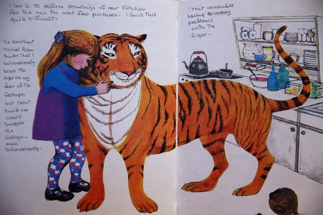 An annotated page from ‘The Tiger who came to tea’ by Judith Kerr. Image: Dan Kitwood/Getty Images