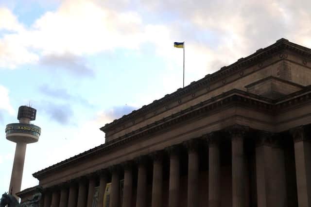 Ukraine flag at St George’s Hall Liverpool. Image: @lpoolcouncil/twitter