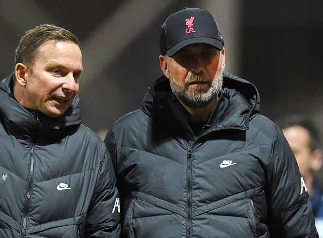 Liverpool manager Jurgen Klopp, right, and Pep Lijnders. Picture: Nick Taylor/Liverpool FC/Liverpool FC via Getty Images