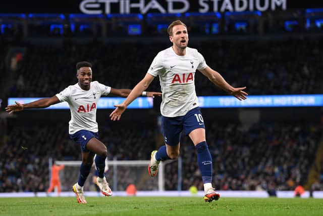Harry Kane celebrates after scoring a dramatic winner against Manchester City at the Etihad.