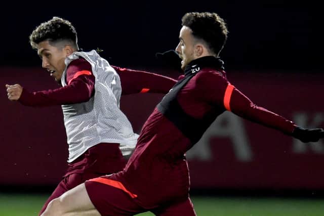 Roberto Firmino and Diogo Jota during Liverpool training. Picture: Andrew Powell/Liverpool FC via Getty Images