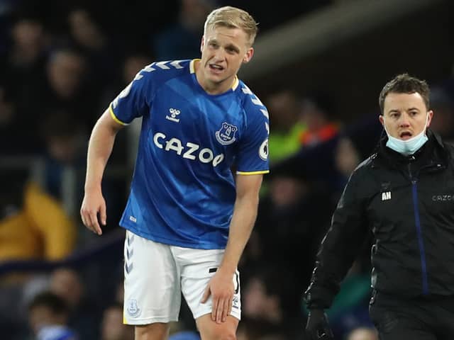 Donny van de Beek came off with an injury during Everton’s loss to Man City. Picture: Lewis Storey/Getty Images